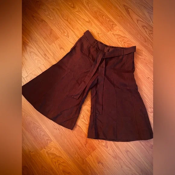 VTG Y2K 100% Linen Crop Pants Extra Wide Leg Gaucho Culottes Brown Belted Moda 4 - Picture 1 of 7